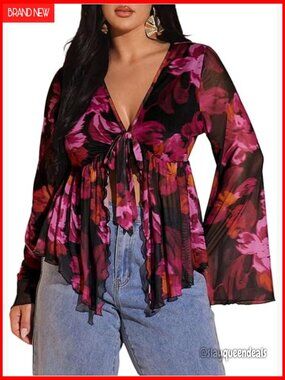 Plus Size Boho Mesh Blouse Bell Sleeve Ruffle Tie Front Peplum Top